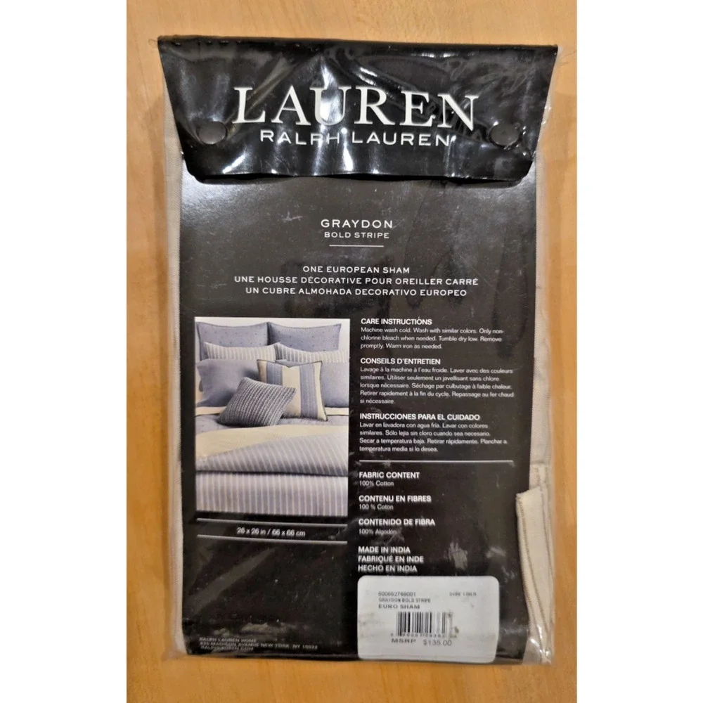 Lauren Ralph Lauren Graydon Bold Stripe Euro Sham Pillow 26x26 Dune Linen NIP